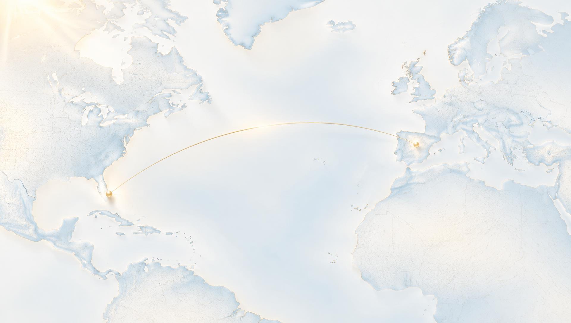 Mapa del mundo claro con una ruta dorada que conecta Miami y Madrid sobre un cielo luminoso