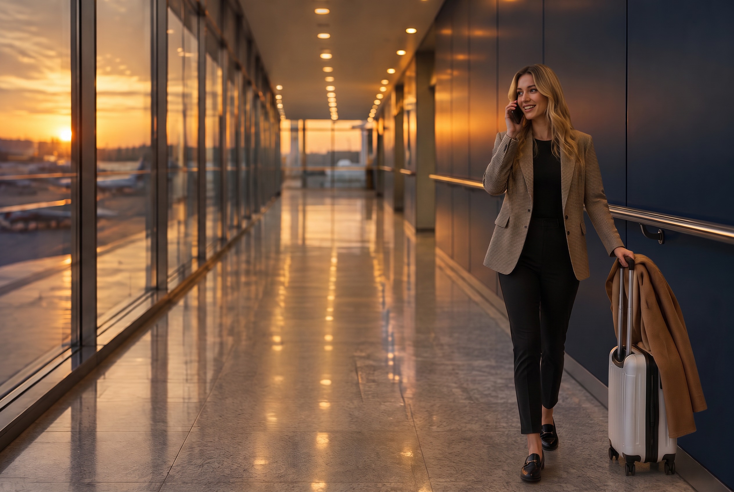 Ejecutiva con maleta hablando por teléfono en un pasillo de aeropuerto al atardecer