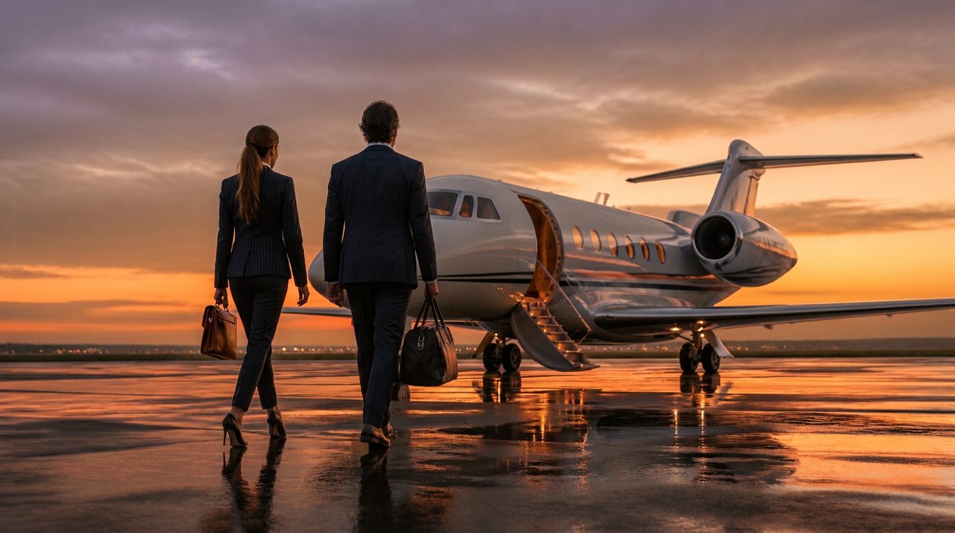 Ejecutivos caminando hacia un avión privado al atardecer
