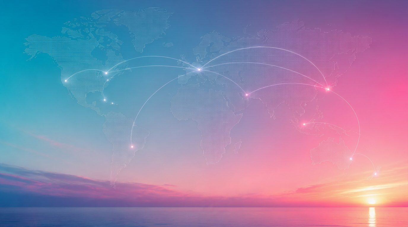 Mapa del mundo de puntos con rutas de conexión luminosas sobre un cielo de atardecer azul y rosa
